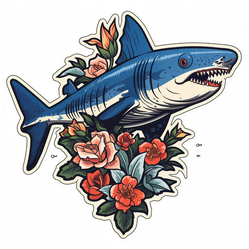 Tropical shark on a long spear full of flowers