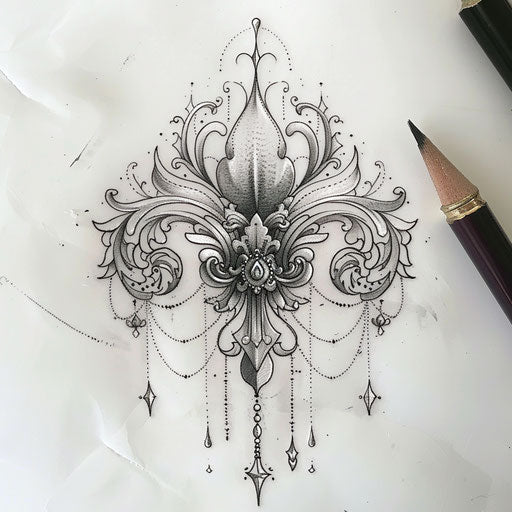 Elegant sketch of a lily flower with lace and soft grey shading