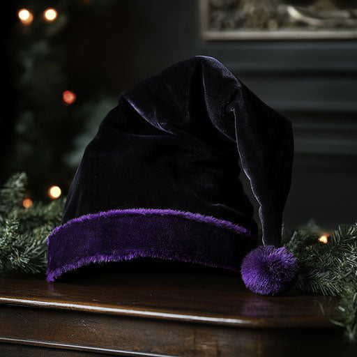Gothic-style Santa hat in black velvet with dark purple trim