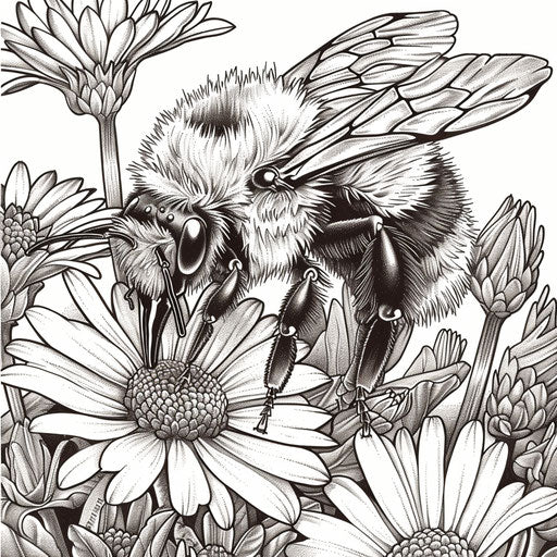 A bumblebee pollinating a flower. Coloring book page