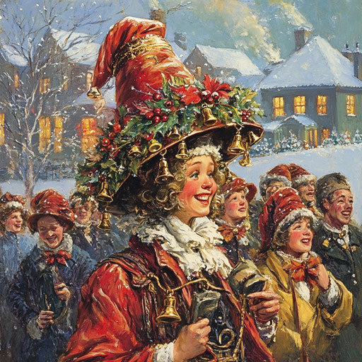 Festive hat filled with jingle bells worn by a joyful singer leading carolers