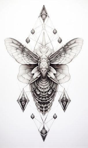 Night moth in multi-layered geometry, detailed ink illustration