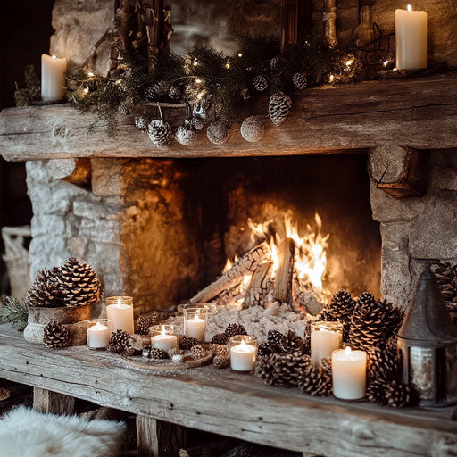 Rustic fireplace adorned with pine cones and lit candles