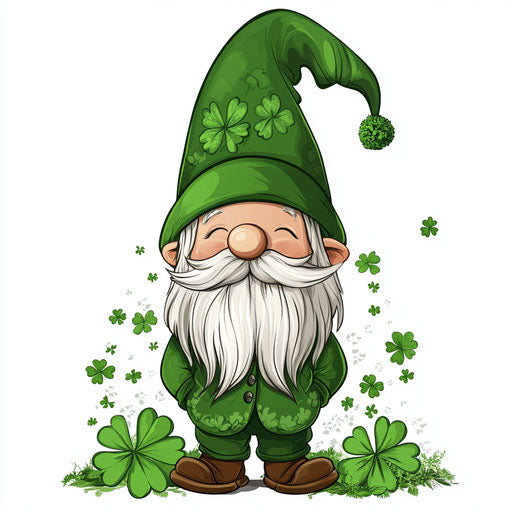 Cute St Patrick's Day gnome with large hat, clovers, cartoon