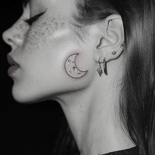 Facial tattoos for women featuring a minimalist crescent moon