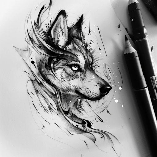 Surreal flat tattoo sketch of a husky with eyes reflecting the northern lights