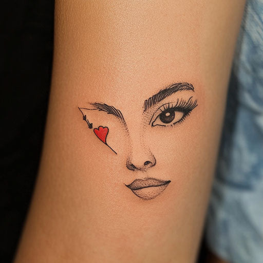 Tiny face tattoos with a little heart and arrow, in the style of Ed Hardy