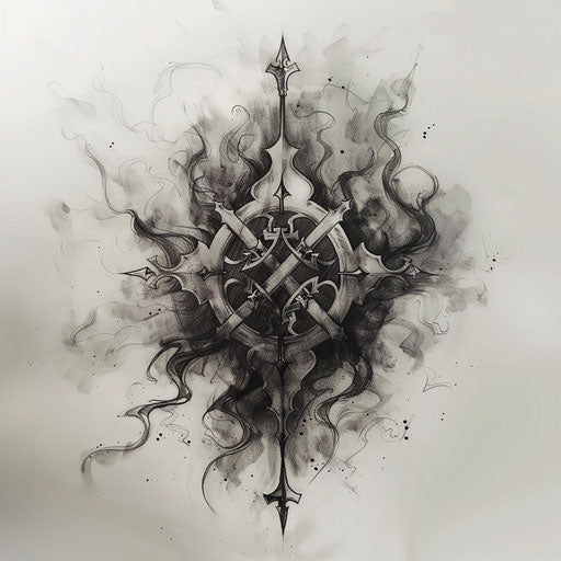 Mystical flat tattoo sketch of an occult chaos symbol surrounded by ethereal mist