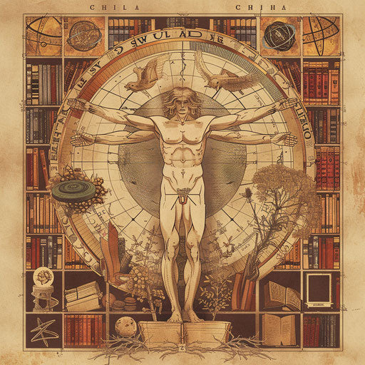Vitruvian Man surrounded by books in cozy academic clipart style