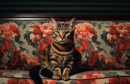 A cat sitting on a couch, in the style of sumatraism, striped arrangements, bronzepunk, cottagepunk 17:11