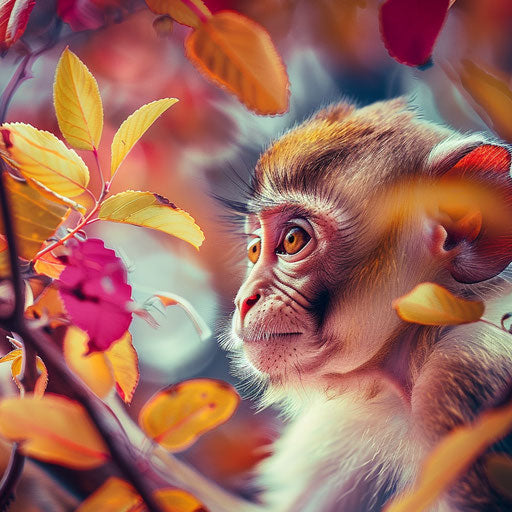 Rhesus monkey amidst colorful autumn foliage