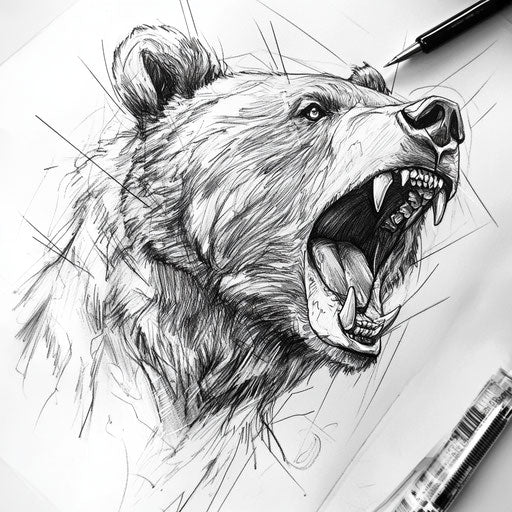 Forearm tattoo sketch of a roaring bear in detailed linework