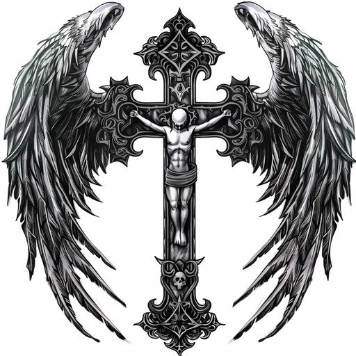 Gothic cross with angel wings, Ed Hardy style