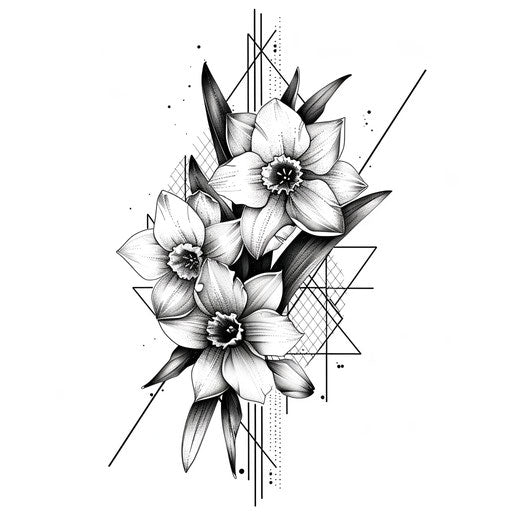 Modern abstract tattoo design with December birth flower Narcissus and geometric shapes on white background