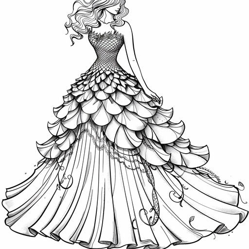 Mermaid dress with scales and aquatic designs. Coloring page