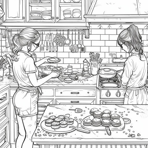 Friends baking cookies in a kitchen. Coloring book page
