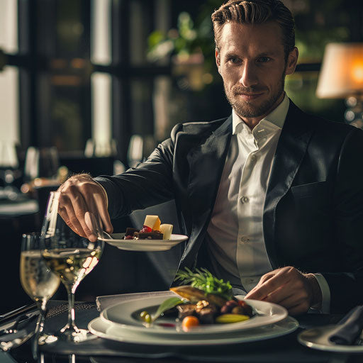 Businessman striking deals during power lunch at upscale restaurant