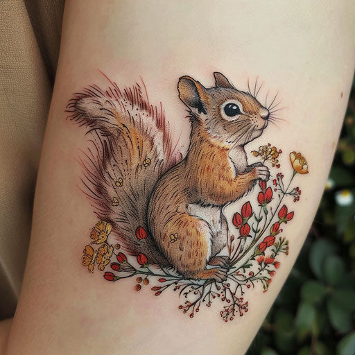 Nature-inspired flat tattoo sketch of a squirrel amidst a bed of wildflowers