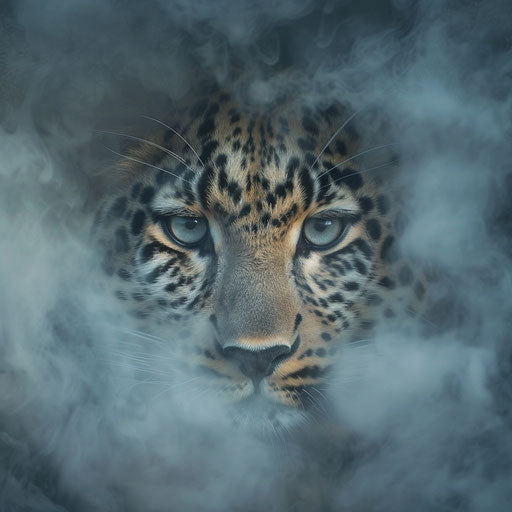 The haunting gaze of an Amur leopard in dense fog at dawn.