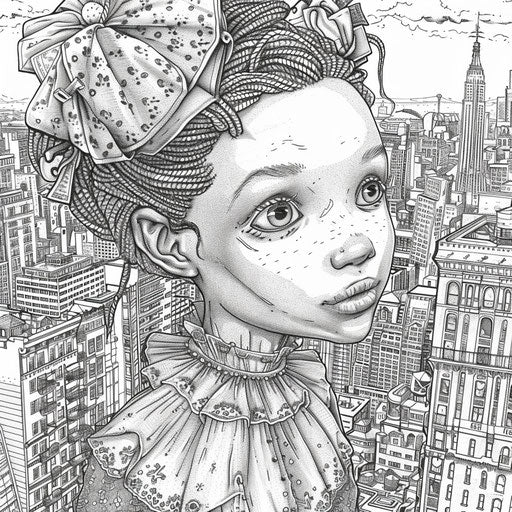Detailed doll in an urban cityscape coloring page