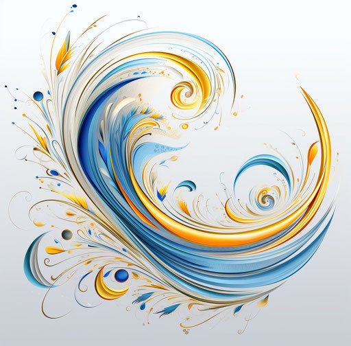 Blue and yellow bird wing in ornate calligraphy style