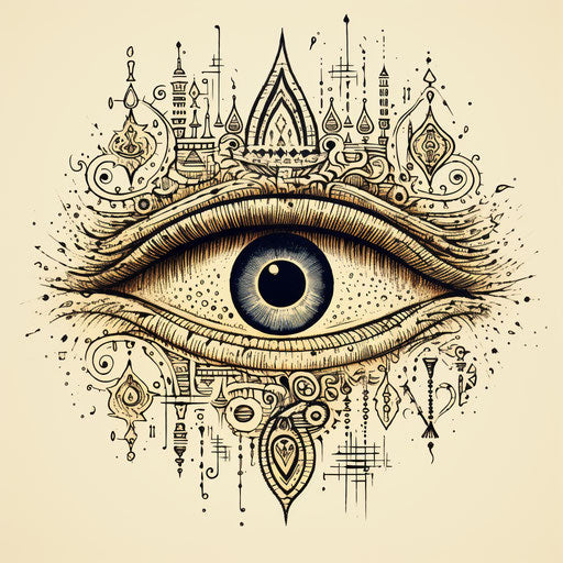 Eye with triglyphs, celestial punk style, negative space, talismans