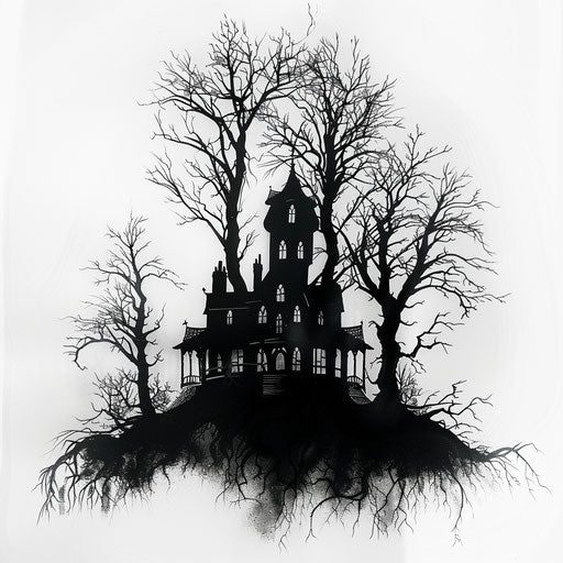 Creepy haunted house with barren trees, horror tattoo art on white background
