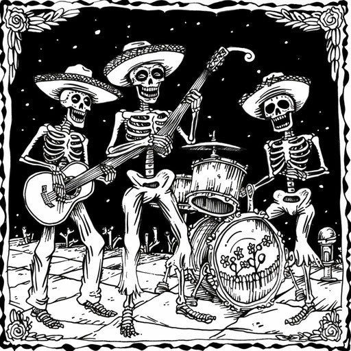Humorous skeleton band on coloring book page