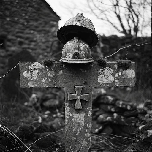 Sailor grave marked by a cross with a helmet
