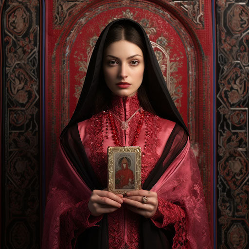 Woman with pink prayer book, Qajar art style, luxurious fabrics