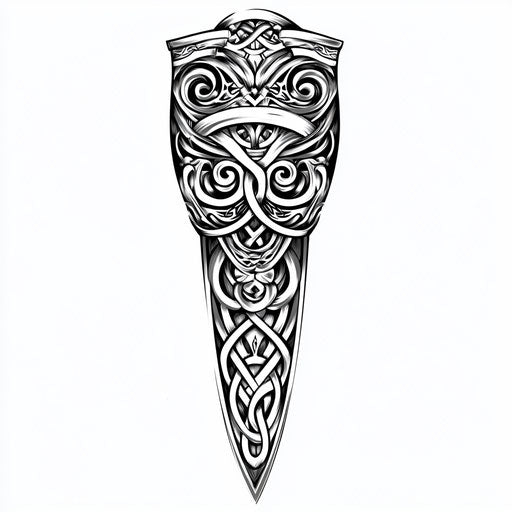 Flat tattoo sketch of viking sleeve with intricate shield
