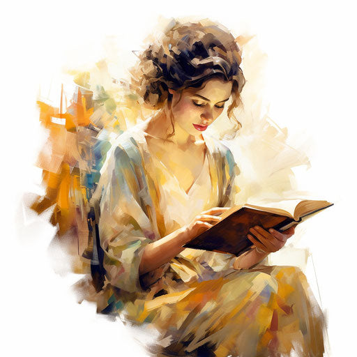 Reading book clipart in the style of Oil painting