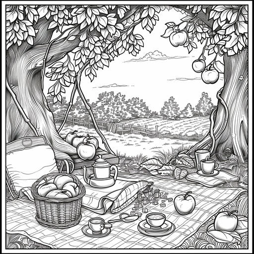 Picnic under an apple tree in an orchard