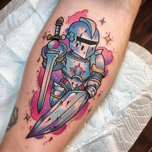 Whimsical tattoo sketch of a cartoonish knight with oversized armor, using bright, playful colors
