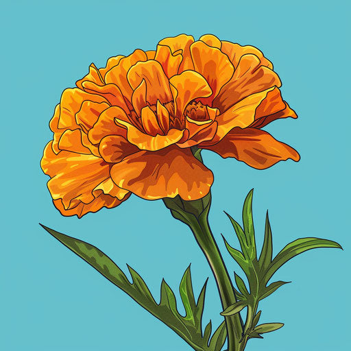 Marigold clipart in photo realistic style with a flat random background, vibrant tones and enhanced clarity