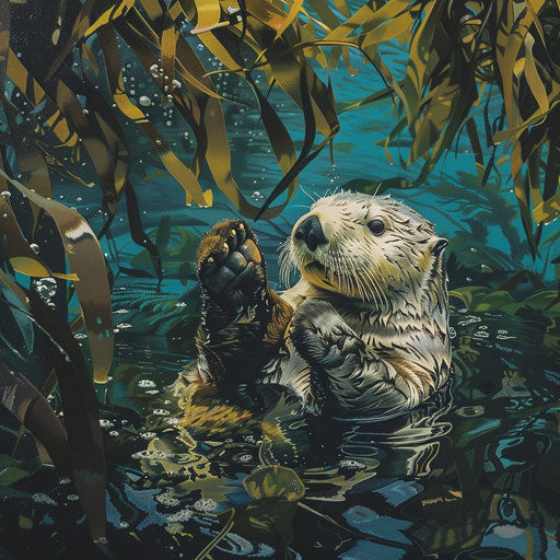 Solitary sea otter cracking shellfish in lush underwater kelp forest