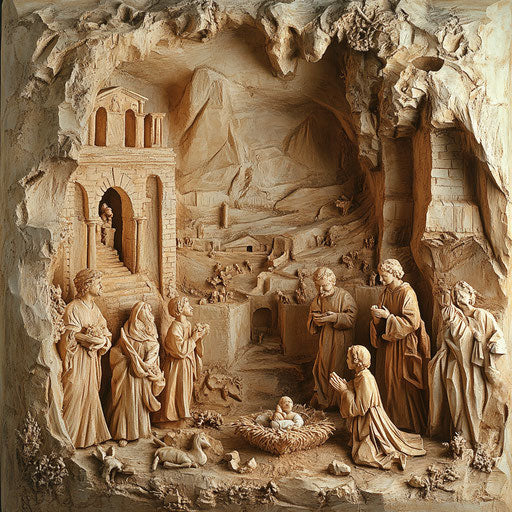 Wooden Nativity scene against ancient stone walls