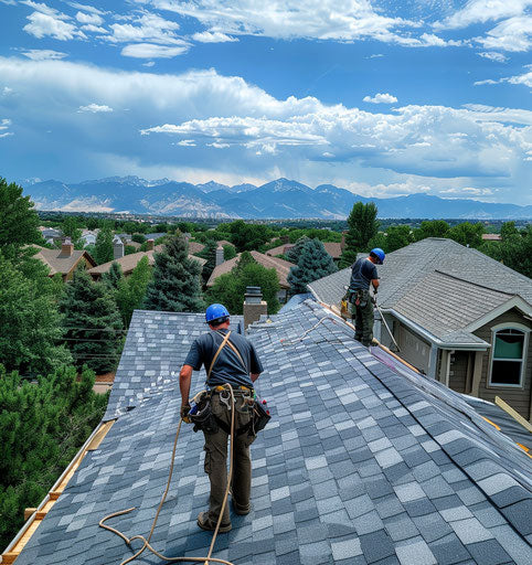 Roofers shingling a house with Denver Colorado and rocky mountains in the background