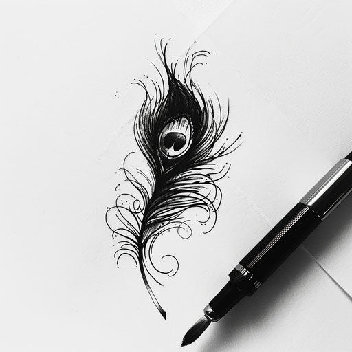 Simplistic peacock feather tattoo sketch with a modern twist