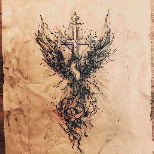 Strength cross tattoo with phoenix rising from flames