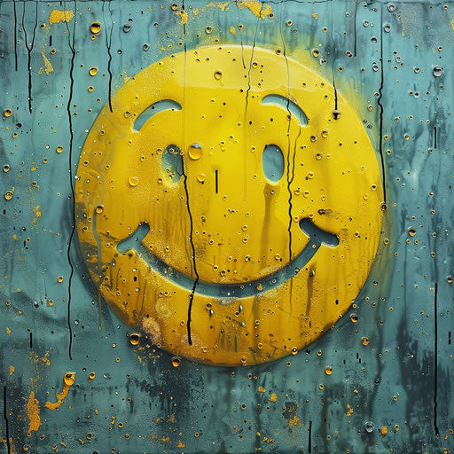 Emoji face in the rain, teethcore style, yellow and aquamarine, race commentary, lighthearted, inlay, rounded, happenings