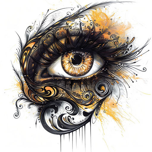 Elegant tattoo sketch of an eyeball with ornate eyelashes and decorative swirls