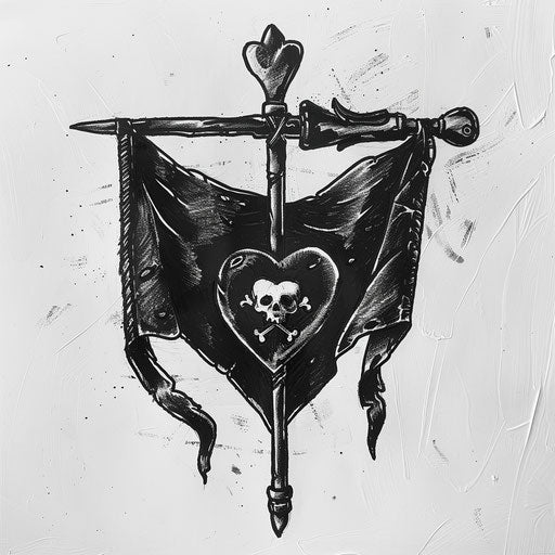 Old school tattoo sketch of a black flag with heart and dagger