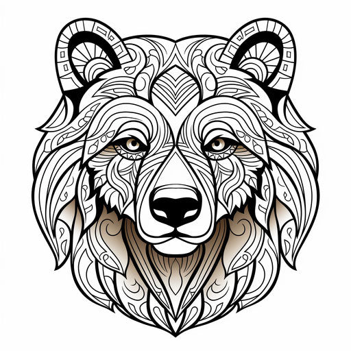 Bear coloring page showing the face, realistic yet stylized, simple