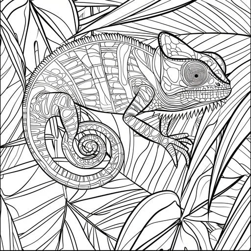 Chameleon blending into tropical leaves background