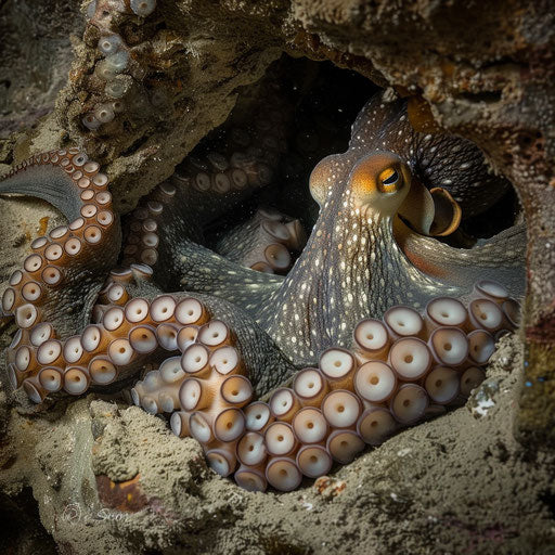 A mother octopus protecting her eggs in a hidden cave