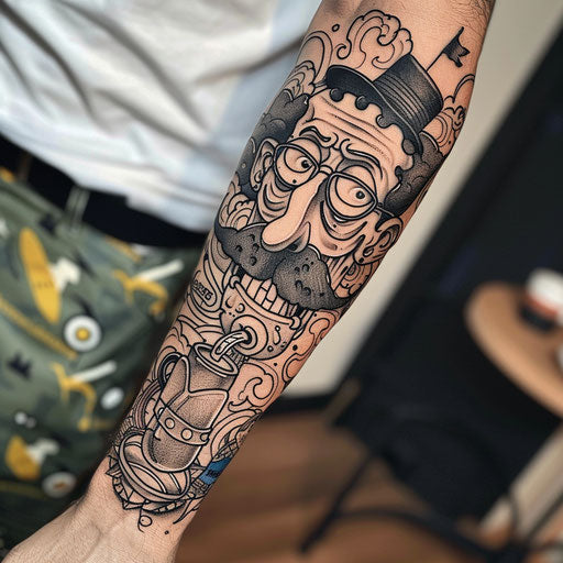 Satirical forearm tattoo for men, Steve Sack style