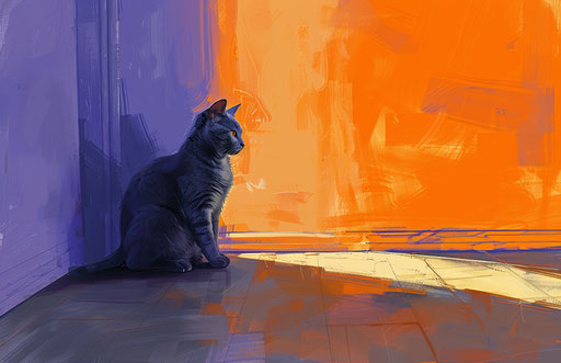 Gray cat sitting on the floor next door, light purple and light orange style
