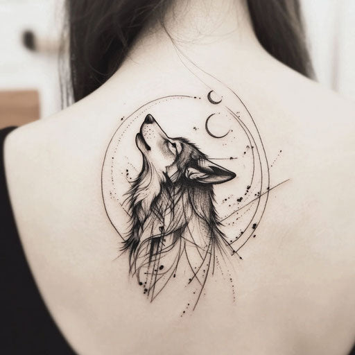 Flat tattoo sketch of wolf howling at the moon