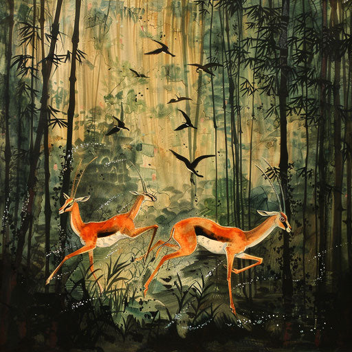 Dramatic escape of gazelles in a dense bamboo forest